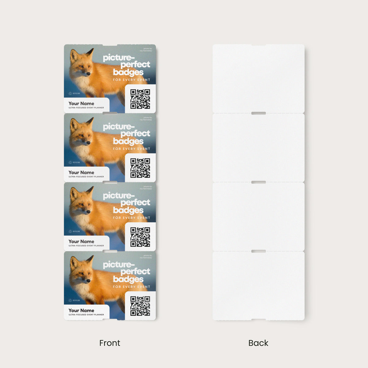 Elevate your brand with our 4x3 single-sided eco-friendly custom event badges. Crafted from premium 9.5 pt direct thermal paper, these personalized event badges offer durability and bring your designs to life with stunning detail and clarity. Elevate your brand with our 4x3 single-sided eco-friendly custom event badges. Crafted from premium 9.5 pt direct thermal paper, these personalized event badges offer durability and bring your designs to life with stunning detail and clarity.