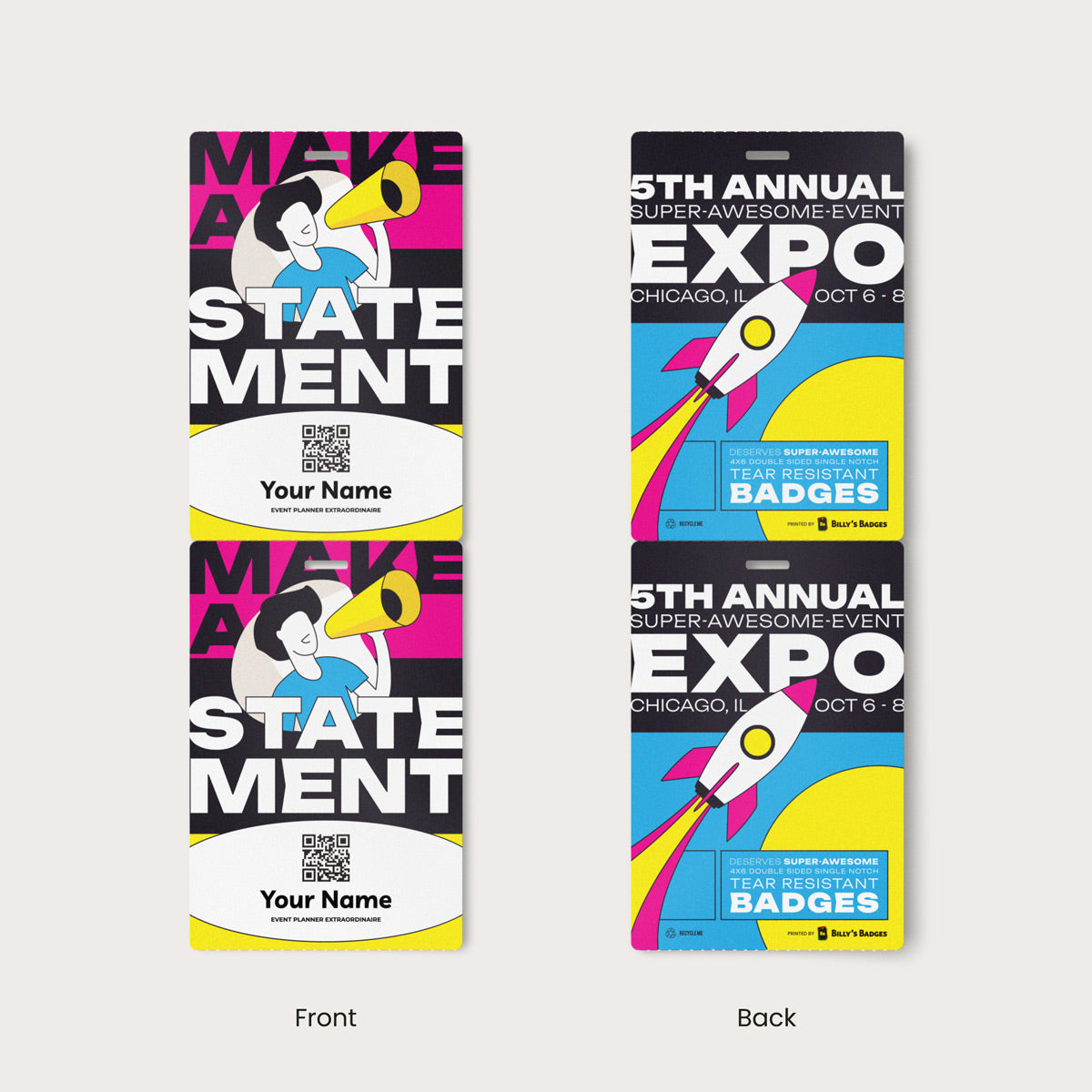 Elevate your promotional event, corporate conference, or trade show with our 4x6 vibrant, high-quality double-sided, single notch custom event badges. Crafted from premium 9.5 pt direct thermal paper featuring eco-friendly event badge printing, these durable personalized event badges showcase your designs with stunning detail and clarity. Elevate your promotional event, corporate conference, or trade show with our 4x6 vibrant, high-quality double-sided, single notch custom event badges. Crafted from premium 9.5 pt direct thermal paper featuring eco-friendly event badge printing, these durable personalized event badges showcase your designs with stunning detail and clarity.