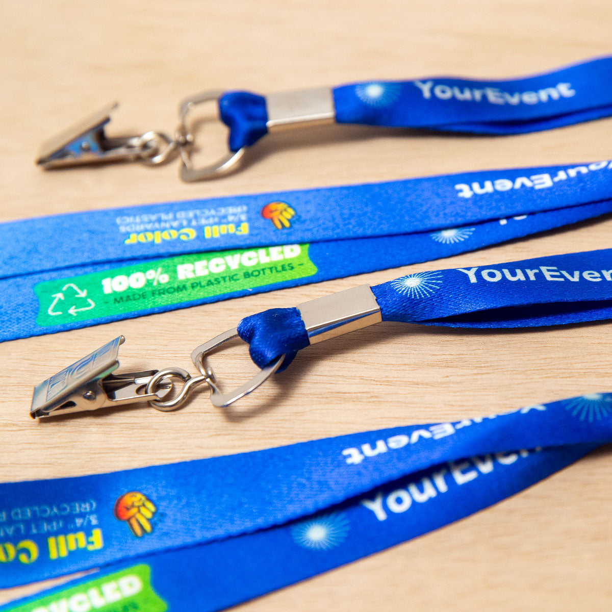 Elevate your brand with our personalized conference lanyards. Crafted from recycled bottles, these eco-friendly event lanyards offer durability and bring your designs to life with stunning detail and clarity.