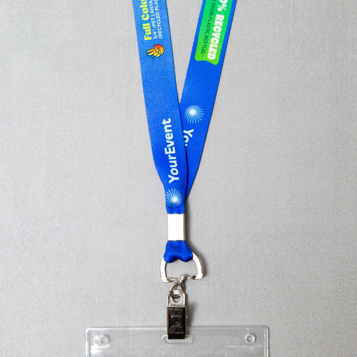 Elevate your brand with our personalized conference lanyards. Crafted from recycled bottles, these eco-friendly event lanyards offer durability and bring your designs to life with stunning detail and clarity.